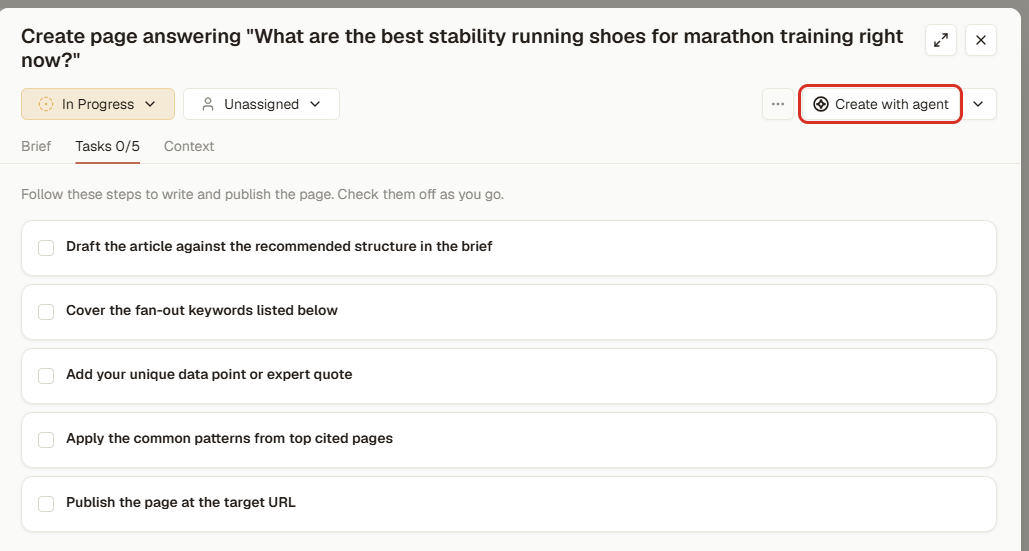 Content task checklist with the Create with agent button (3RD demo workspace; brand names blurred)