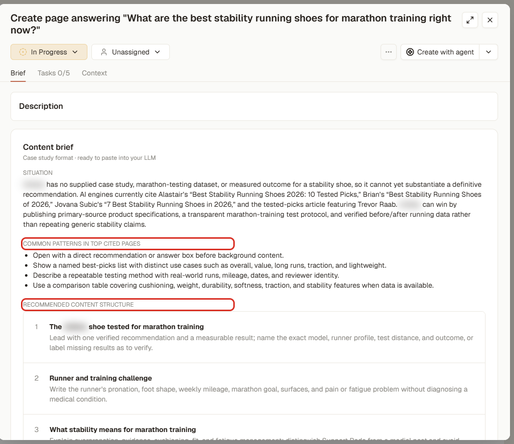 Content brief: common patterns in top cited pages and recommended structure (3RD demo workspace; brand names blurred)