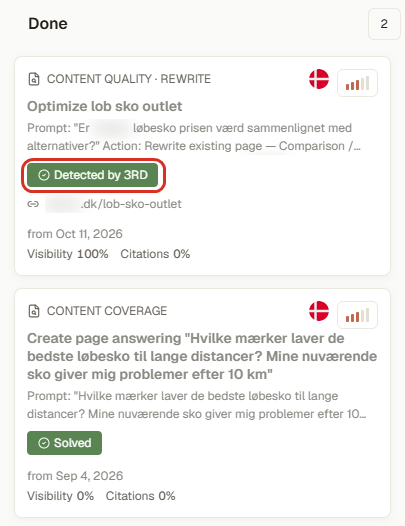 Done tasks, one detected by 3RD (3RD demo workspace; brand names blurred)