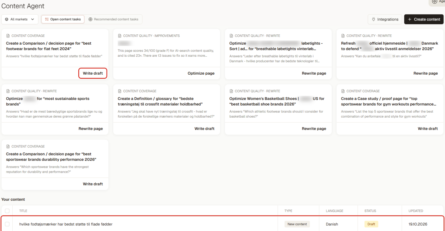 Content Agent: open content tasks and drafts (3RD demo workspace; brand names blurred)