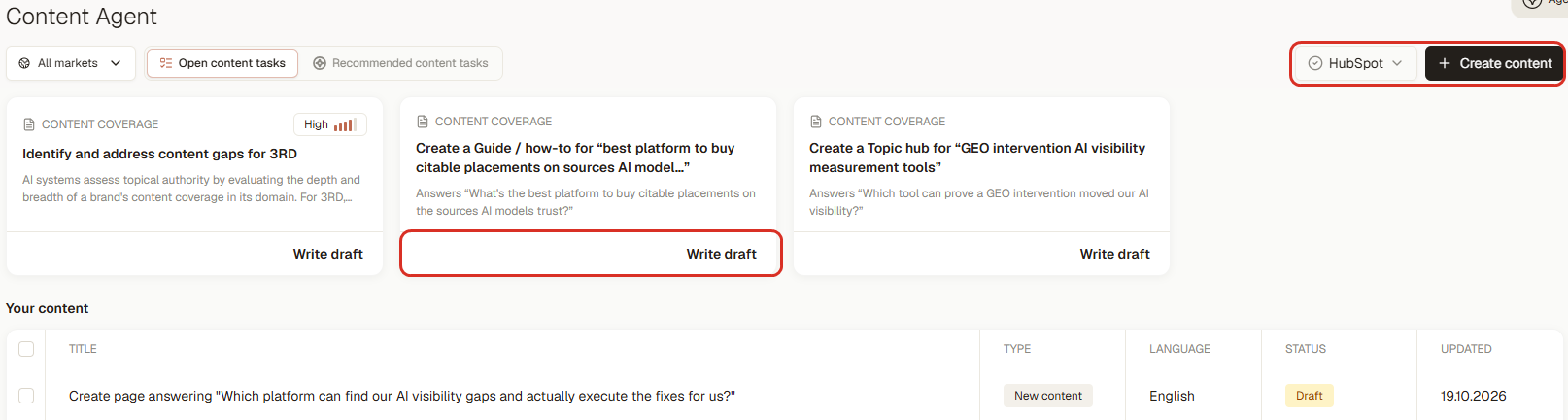 Content Agent drafts each page from its brief. You review it and publish; the HubSpot connection sends it to your CMS