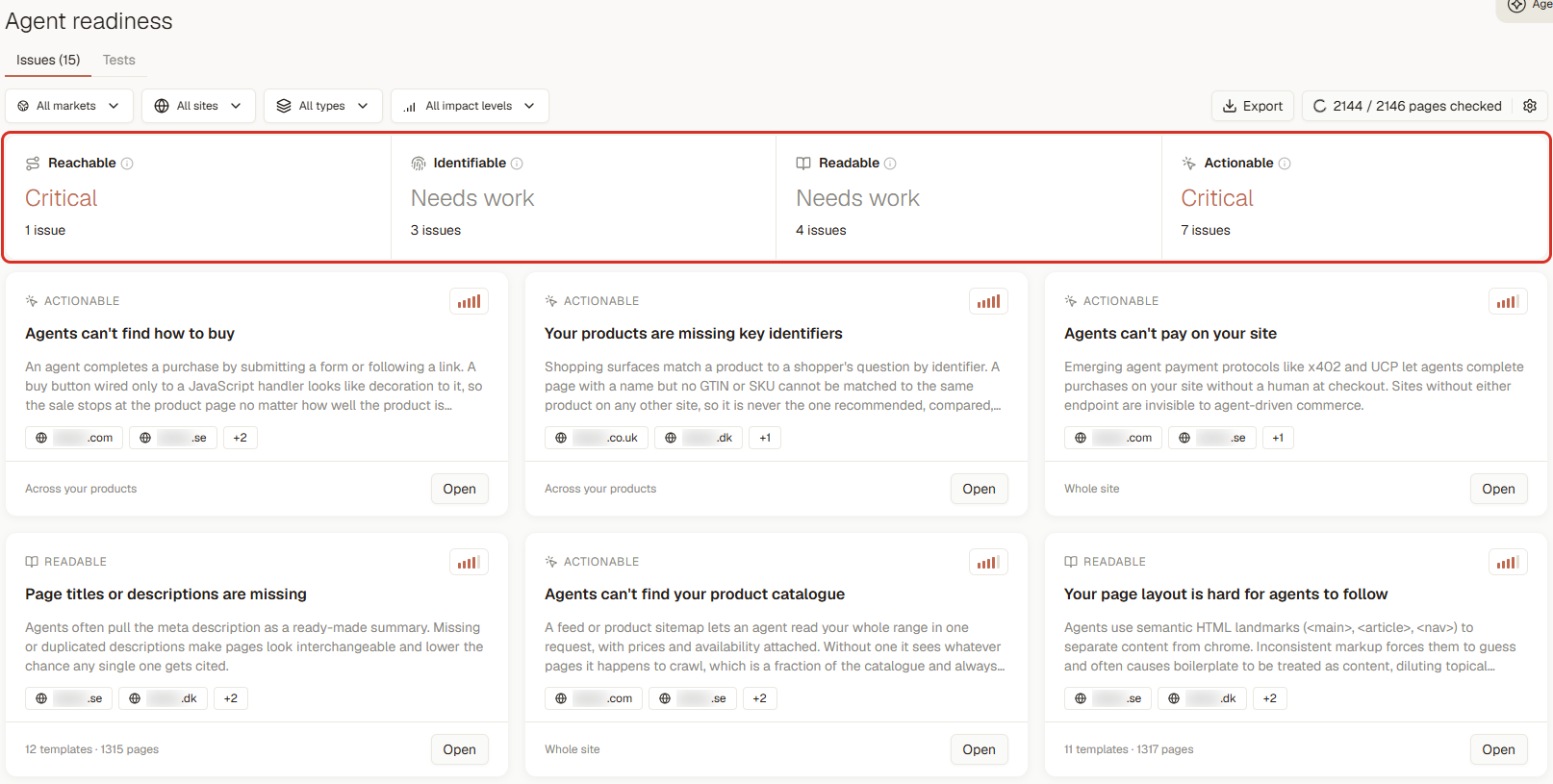 Agent readiness issues (3RD demo workspace; brand names blurred)